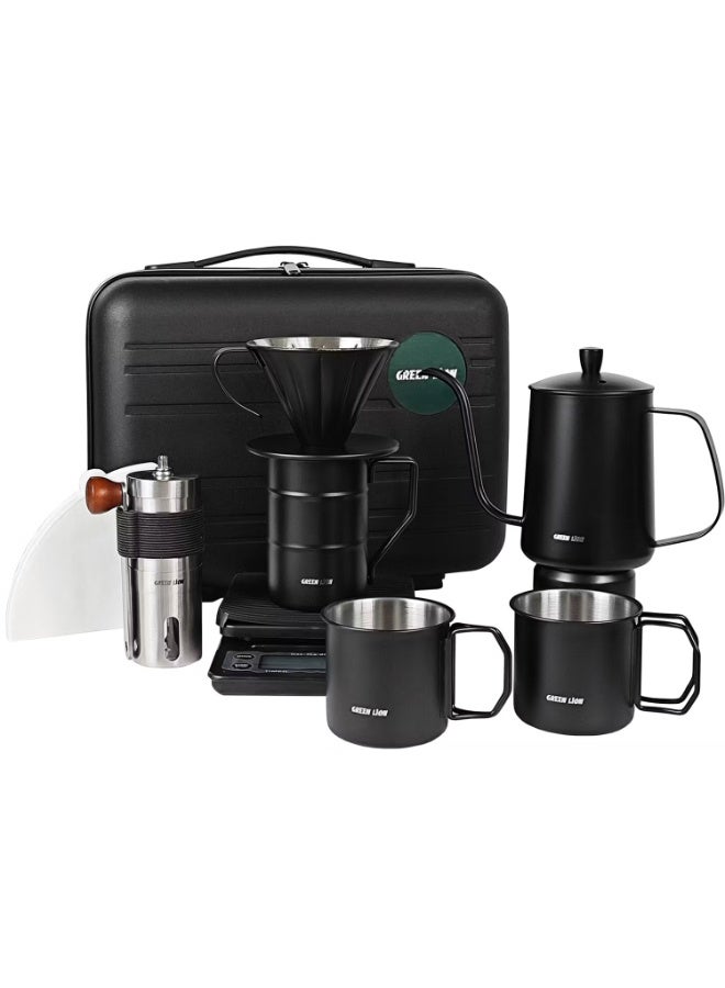 جرين ليون طقم ماكينة قهوة جرين ليون V-60 برو مع غلاية ذات عنق معقوف، 100 فلتر ورقي، ميزان دقيق، قمع تقطير، مطحنة قابلة للتعديل، كوبان من الفولاذ المقاوم للصدأ، حقيبة سفر متضمنة - أسود - Image 4